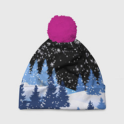 Шапка с помпоном Снежная ночь в зимнем лесу, цвет: 3D-малиновый