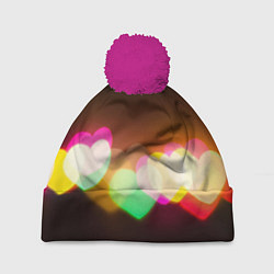Шапка с помпоном Горящие сердца всех цветов радуги, цвет: 3D-малиновый
