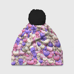 Шапка с помпоном Сердечки-черепушки, цвет: 3D-черный