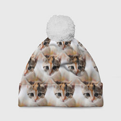 Шапка с помпоном Маленький котенок паттерн, цвет: 3D-белый