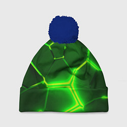 Шапка с помпоном 3D ПЛИТЫ НЕОН NEON GREEN HEXAGON РАЗЛОМ, цвет: 3D-тёмно-синий