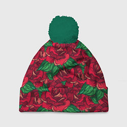 Шапка с помпоном Цветы Много Красных Роз, цвет: 3D-зеленый