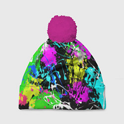 Шапка с помпоном Разноцветные пятна краски на черном фоне, цвет: 3D-малиновый