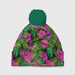 Шапка с помпоном Тропические листья и цветы на черном фоне, цвет: 3D-зеленый
