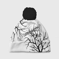 Шапка с помпоном Черные ветки деревьев на белом фоне, цвет: 3D-черный
