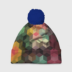 Шапка с помпоном Разноцветный геометрический узор 3D, цвет: 3D-тёмно-синий