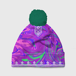Шапка с помпоном Славянская рубаха с разводами, цвет: 3D-зеленый