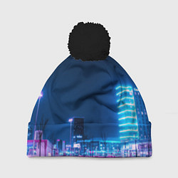 Шапка с помпоном Неоновый ночной город - Светло-синий, цвет: 3D-черный