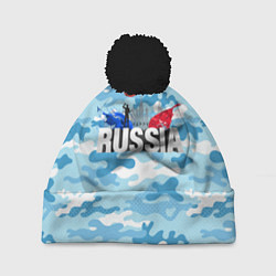 Шапка с помпоном Russia: синий камфуляж, цвет: 3D-черный