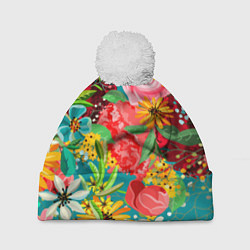 Шапка с помпоном Multicolour of flowers, цвет: 3D-белый