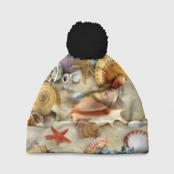 Шапка с помпоном Морские раковины, кораллы, морские звёзды на песке, цвет: 3D-черный