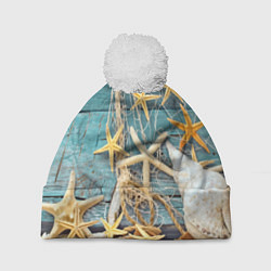 Шапка с помпоном Натюрморт из сети, морских звёзд и ракушек - лето, цвет: 3D-белый