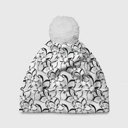 Шапка с помпоном Черно-белый с серым цветочный узор, цвет: 3D-белый