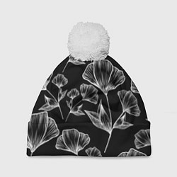 Шапка с помпоном Графичные цветы на черном фоне, цвет: 3D-белый