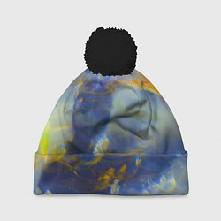 Шапка с помпоном Абстрактные мазки красок и силуэт - Синий, цвет: 3D-черный