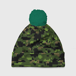 Шапка с помпоном Камуфляж лесной пиксель, цвет: 3D-зеленый