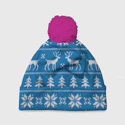 Шапка с помпоном Рождественский синий свитер с оленями, цвет: 3D-малиновый