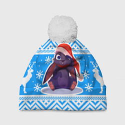 Шапка с помпоном Новогодний кролик - синий свитер, цвет: 3D-белый