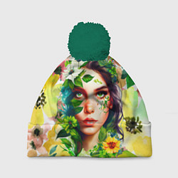 Шапка с помпоном Девушка Весна - акварель, цвет: 3D-зеленый