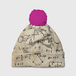 Шапка с помпоном Научные формулы на старой бумаге, цвет: 3D-малиновый