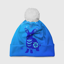 Шапка с помпоном Синий кролик и снежинки, цвет: 3D-белый