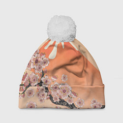 Шапка с помпоном Ветка цветущей сакуры и вулкан, цвет: 3D-белый