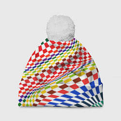 Шапка с помпоном Разноцветная оптическая иллюзия, цвет: 3D-белый