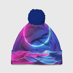 Шапка с помпоном Круг и разноцветные кристаллы - vaporwave, цвет: 3D-тёмно-синий