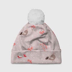 Шапка с помпоном Птицы снегири и зимние ягоды, цвет: 3D-белый