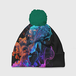Шапка c помпоном Неоновый цветной дым на черном фоне