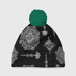 Шапка с помпоном Паттерн с орнаментом мандалы на черном фоне, цвет: 3D-зеленый