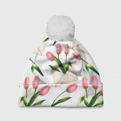 Шапка с помпоном Тюльпаны в конвертах - паттерн, цвет: 3D-белый