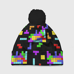 Шапка с помпоном Неоновый тетрис на темном фоне, цвет: 3D-черный