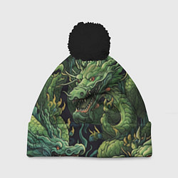 Шапка с помпоном Зеленые драконы: арт нейросети, цвет: 3D-черный
