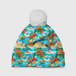 Шапка с помпоном Гавайский стиль море и цветы, цвет: 3D-белый