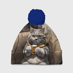 Шапка с помпоном Кот сидит на диване с напитком, цвет: 3D-тёмно-синий