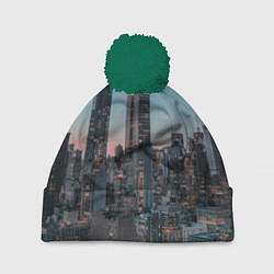 Шапка с помпоном Утренний город с небоскребами, цвет: 3D-зеленый