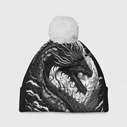 Шапка с помпоном Черно-белый дракон и волны, цвет: 3D-белый