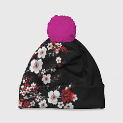 Шапка с помпоном Белая и красная сакура - цветение, цвет: 3D-малиновый