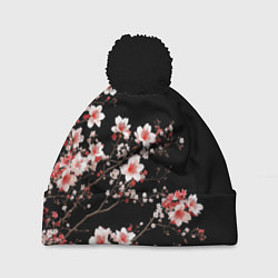 Шапка c помпоном Цветущая сакура - белые и красные