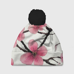 Шапка с помпоном Цветы и ветви японской сакуры - текстура холста, цвет: 3D-черный