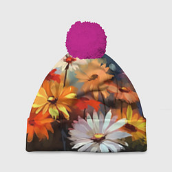 Шапка с помпоном Маслянные ромашки, цвет: 3D-малиновый