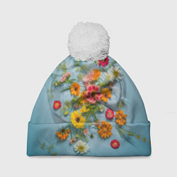 Шапка с помпоном Букет полевых цветов на ткани, цвет: 3D-белый