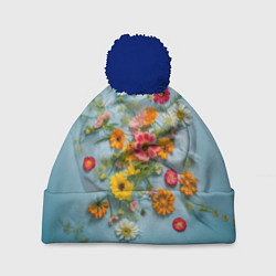 Шапка с помпоном Букет полевых цветов на ткани, цвет: 3D-тёмно-синий