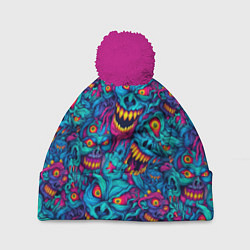 Шапка с помпоном Неоновые монстры - graffiti art style pattern, цвет: 3D-малиновый