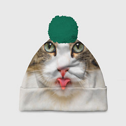 Шапка с помпоном Кошка показывает язык, цвет: 3D-зеленый