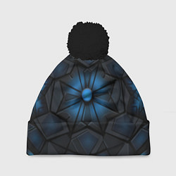 Шапка с помпоном Калейдоскопные черные и синие узоры, цвет: 3D-черный