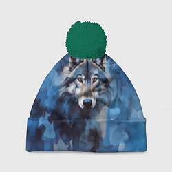 Шапка с помпоном Голова волка на ледяном фоне, цвет: 3D-зеленый