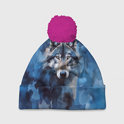 Шапка с помпоном Голова волка на ледяном фоне, цвет: 3D-малиновый