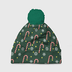 Шапка с помпоном Рождественский леденец и снежинки узор, цвет: 3D-зеленый